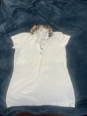 Burberry Brit White Honeycomb Knit Nova Check Ruffle Collar Polo Shirt